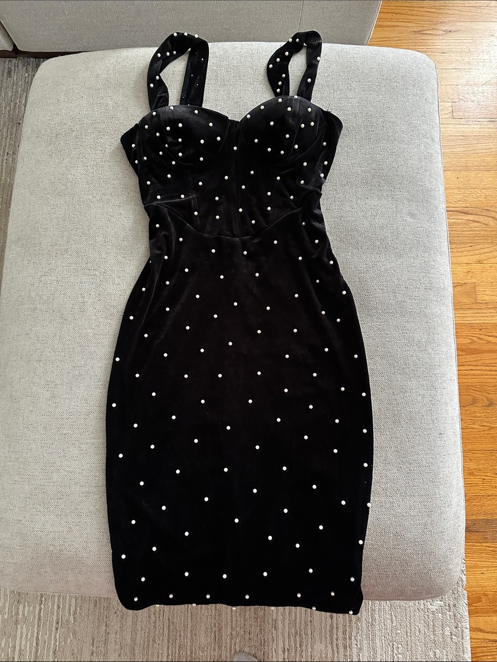 Black Velvet Pearl-Embellished Bodycon Midi Dress Fashion Nova Audrey